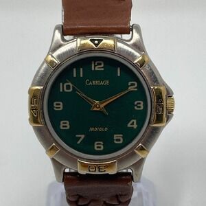 Carriage Timex Watch Women 32mm Silver Gold Tone Green Dial Braided New Battery